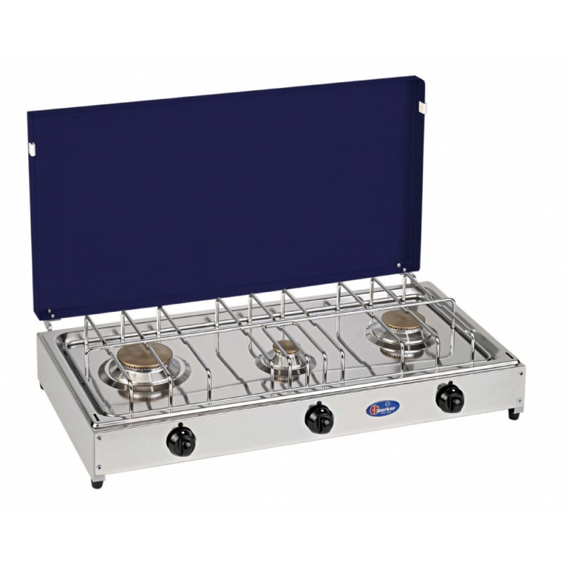 3-burner LPG/methane gas cooker with safety valve Parker stainless steel platform mod. 5523RSGB Color: Grey - Blue