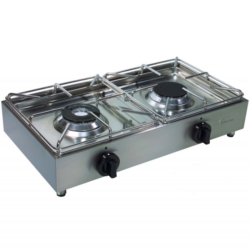 Parker Cucina Fornello professionale industriale 2 fuochi acciaio inox 18/10 gas universale valvola di sicurezza Made in Italy