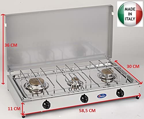 CFParker Fornello a Gas 3 Fuochi Gpl / Metano con Piano in Acciaio Inox e Valvola di Sicurezza mod. 5523RSG