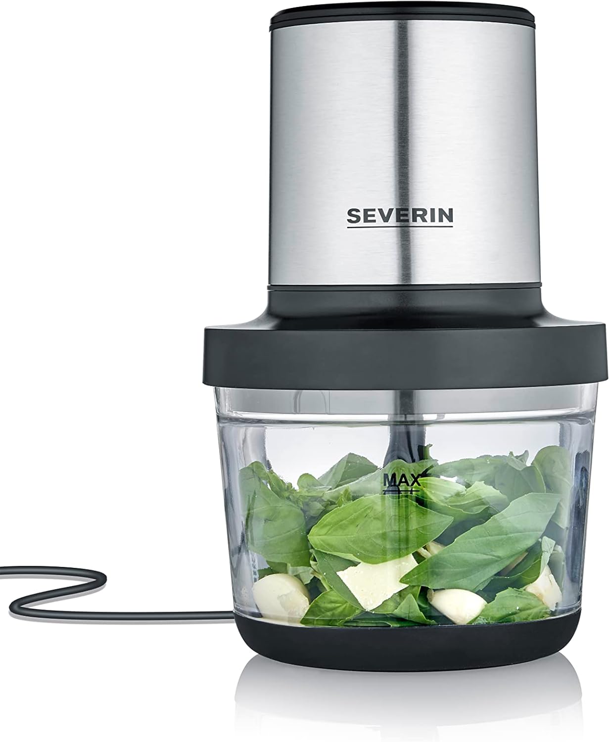 Severin Tritatutto da Cucina Elettrico, 1 Litro, 400W, 2 Velocità, Trita Ghiaccio, Disco Emulsionante, Inserto Pela Aglio, Ciotola in Vetro, BPA Free, 15,5 x 15,5 x 24,7 cm, Nero/Inox - KM 3867