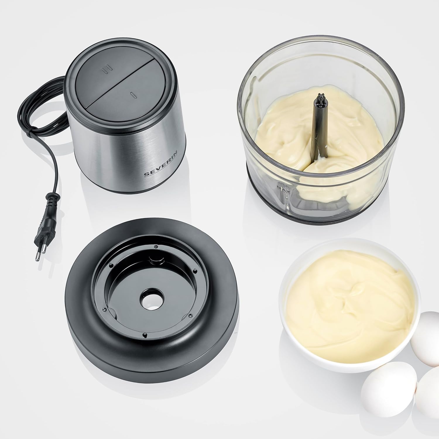 Severin Tritatutto da Cucina Elettrico, 1 Litro, 400W, 2 Velocità, Trita Ghiaccio, Disco Emulsionante, Inserto Pela Aglio, Ciotola in Vetro, BPA Free, 15,5 x 15,5 x 24,7 cm, Nero/Inox - KM 3867