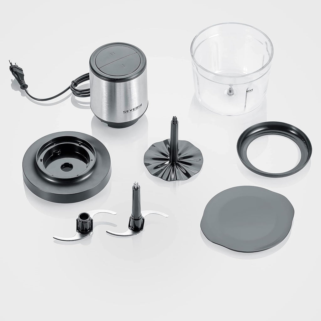 Severin Tritatutto da Cucina Elettrico, 1 Litro, 400W, 2 Velocità, Trita Ghiaccio, Disco Emulsionante, Inserto Pela Aglio, Ciotola in Vetro, BPA Free, 15,5 x 15,5 x 24,7 cm, Nero/Inox - KM 3867