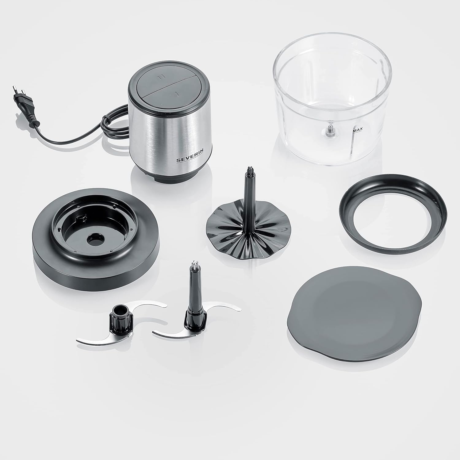 Severin Tritatutto da Cucina Elettrico, 1 Litro, 400W, 2 Velocità, Trita Ghiaccio, Disco Emulsionante, Inserto Pela Aglio, Ciotola in Vetro, BPA Free, 15,5 x 15,5 x 24,7 cm, Nero/Inox - KM 3867