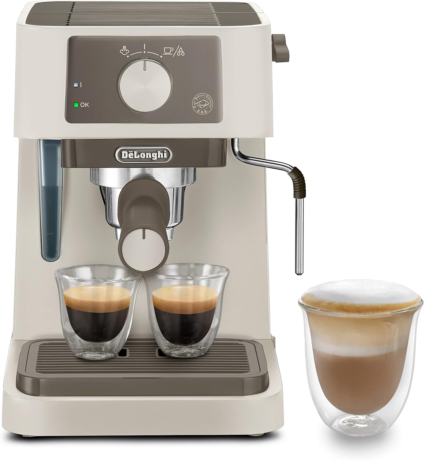 De'Longhi Stilosa EC235.CR, Macchina da caffè manuale, sistema cappuccino, caffè in polvere o Capsule ESE, serbatoio da 1 litro, 1100 W, caldaia in acciaio inossidabile, 1100 W, colore crema