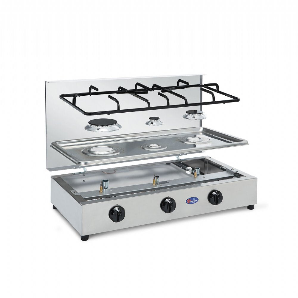 CFParker 3-Burner Gas Stove, LPG/Methane, Stainless Steel, Safety Valve, Removable Top, Model FO3300ACCGPS 