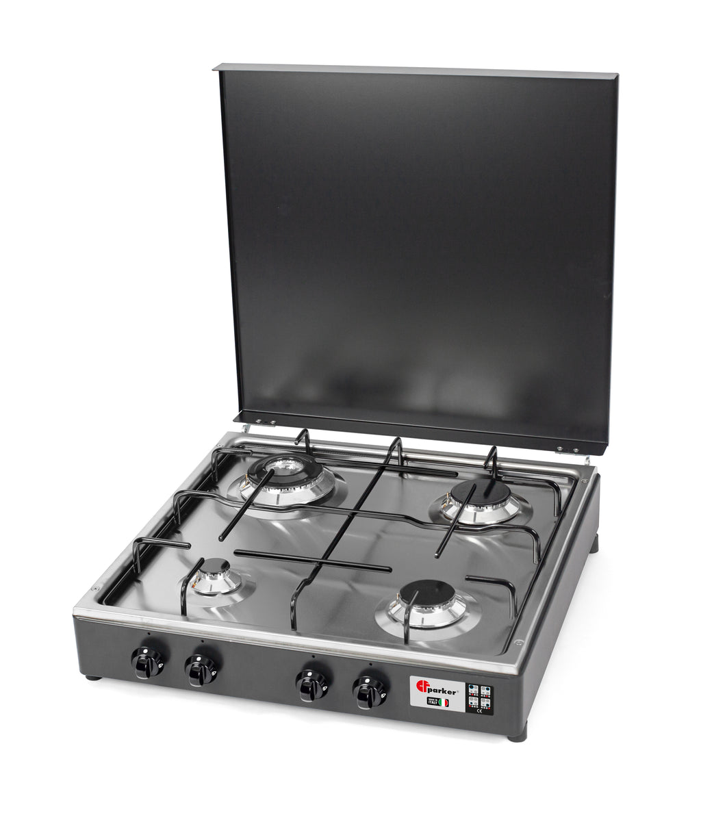 CFParker Fornello Cucina a Gas Gpl / Metano 4 Fuochi Doppia Corona Valvola di Sicurezza Grigio Grafite e Piano Acciaio Inox con Mobile Portabombola mod. 541GSPGPS/C