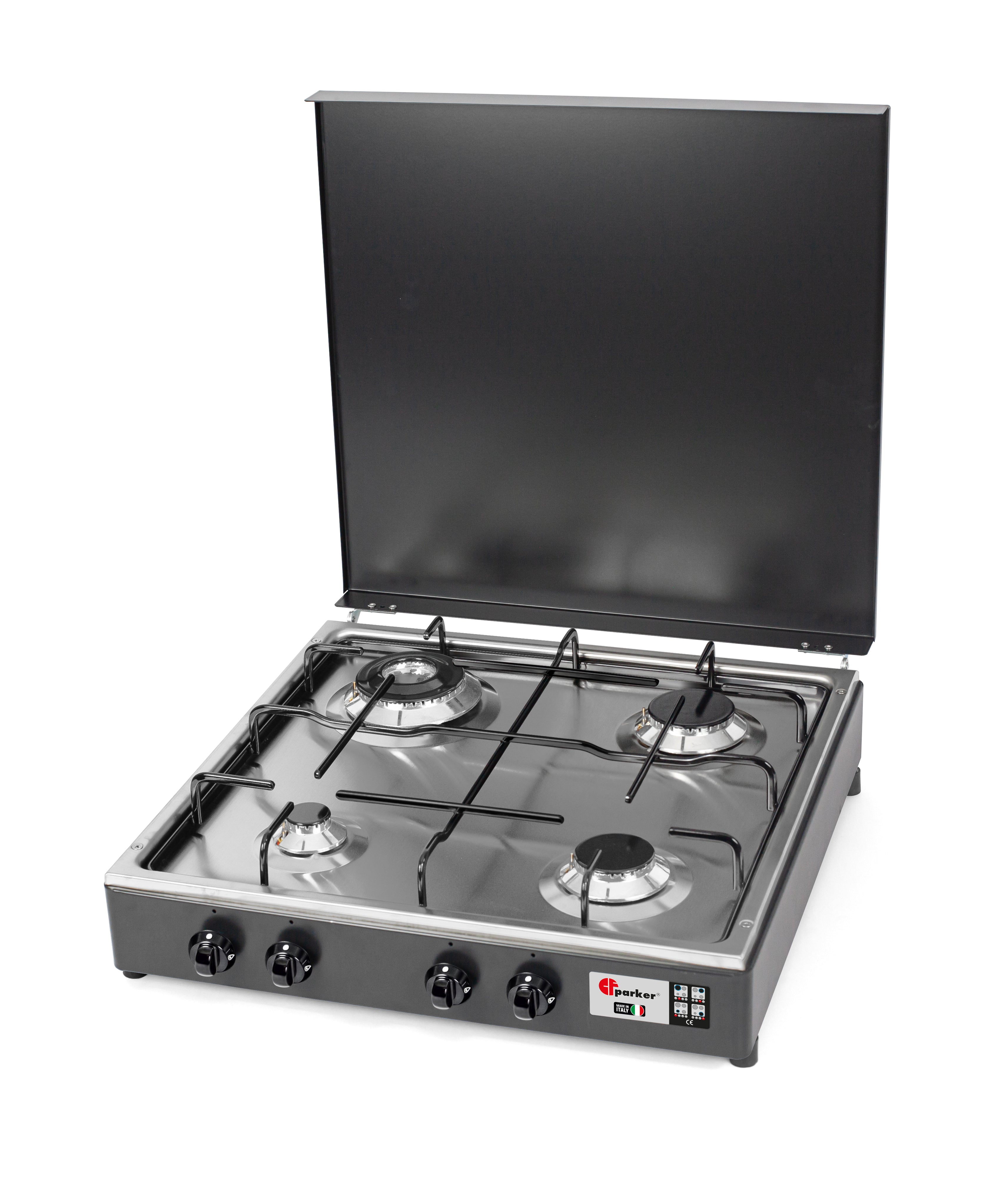 CFParker Fornello Cucina a Gas Gpl / Metano 4 Fuochi Doppia Corona Valvola di Sicurezza Grigio Grafite e Piano Acciaio Inox con Mobile Portabombola mod. 541GSPGPS/C