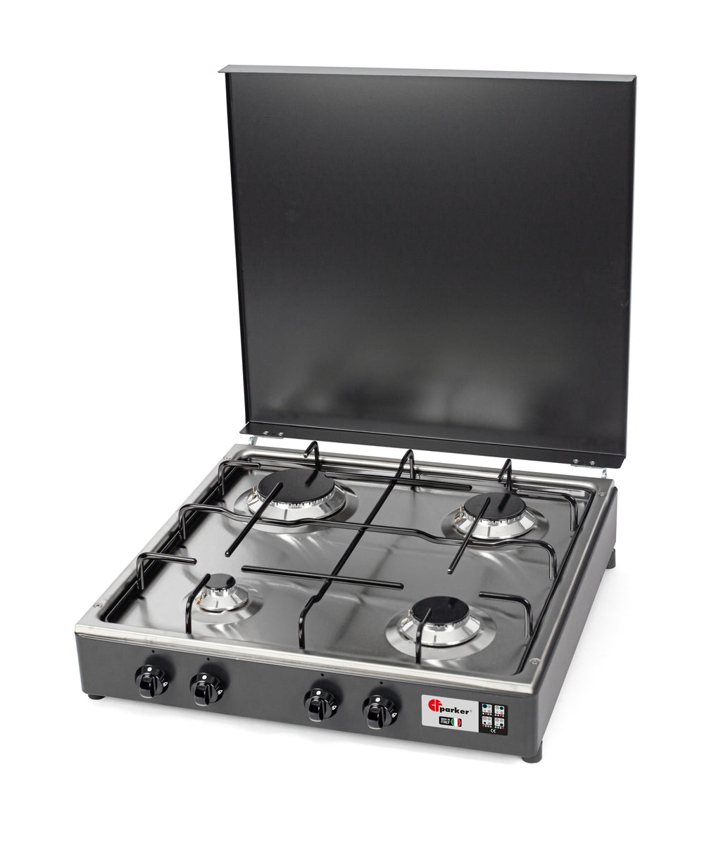 CFParker Fornello a Gas 4 Fuochi Gpl / Metano Grigio Grafite e Piano Acciaio Inox Valvola di Sicurezza mod. 542GSPGPS